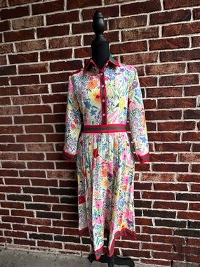 Floral Long-Sleeve Button-Front Dress with Red Trim